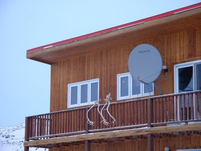 Caribou antlers and a satellite dish